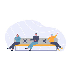 Physical distancing, people in casual clothes wearing masks sitting apart on a bench with seats marked with cross symbols vector illustration for website