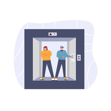 Physical distancing, man and woman wearing masks in an elevator facing away from each other, people standing in a lift not facing at each other vector illustration for website