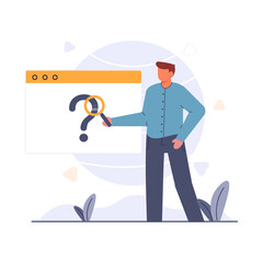 Obraz premium Search not found, man standing in front of a monitor with a question mark holding a magnifying glass, male person viewing an empty search screen vector illustration for website