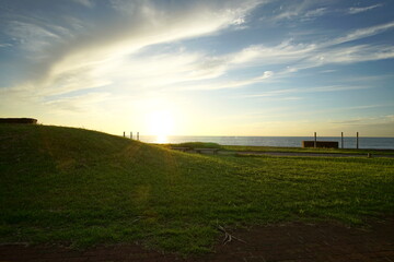 Obraz premium Sunset in nostalgic atmosphere in rural seaside of Japan, Itoigawa, Nigata, Japan