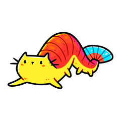 A cute and fun mix of an orange cat and a shrimp. Design for stickers, t-shirts, posters, greeting cards. Isolated on white background