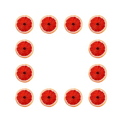 Fruit pattern of grapefruit slices isolated on white background. Top view. Flat lay