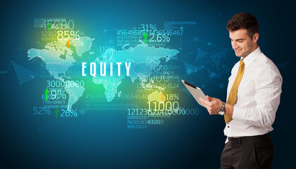 Businessman in front of a decision with EQUITY inscription, business concept