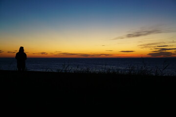Fototapeta na wymiar Sunset in nostalgic atmosphere in rural seaside of Japan, Itoigawa, Nigata, Japan
