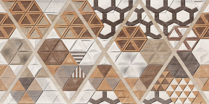 Fototapeta Digital Wall Tile Design,3D Brown Lattice Grid Construction with ivory on Marble Background.Geometric Home Decorative ornament.High quality seamless realistic texture.old style Motifs. 3D Hexagonal 