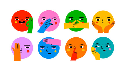 Round abstract comic Faces with various Emotions and hand gestures. Different colored characters. Cartoon style. Flat design. Hand drawn trendy Vector illustration. Every face is isolated