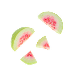 pink guava fruit top view on white background.