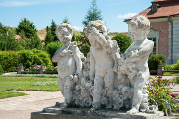 Sculptures in the garden of 17th century castle in the city of Zolochiv, Lviv region, Ukraine