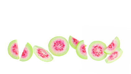 pink guava fruit top view on white background.