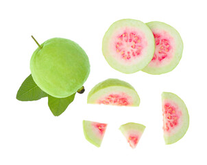 pink guava fruit top view on white background.