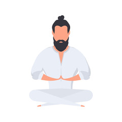 A man in a white kimono meditates. Kung Fu Master. The guy is doing yoga. Vector.