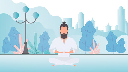 A man in a white kimono meditates in the park. Kung Fu Master. The guy is doing yoga in nature. Vector.