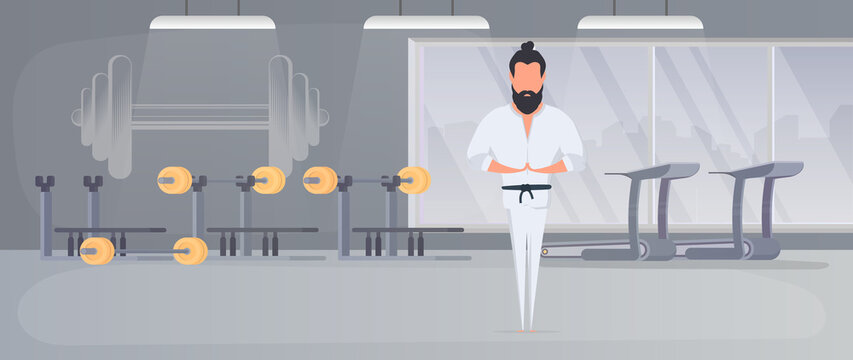 A man in a white kimono stands in the gym. Kung Fu Master. Isolated over white background. Vector.