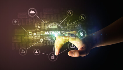 Hand touching ANTIVIRUS inscription, Cybersecurity concept