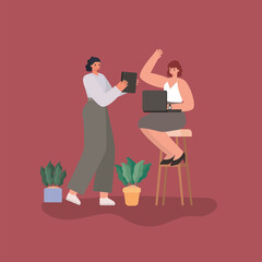 businesswomen cartoons on chair with laptop tablet and plants vector design