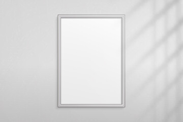 Mockup silver frame photo on wall. Mock up picture framed. Vertical modern boarder with shadow. Empty photoframe a4 isolated on background. Border for design prints poster and painting image. Vector