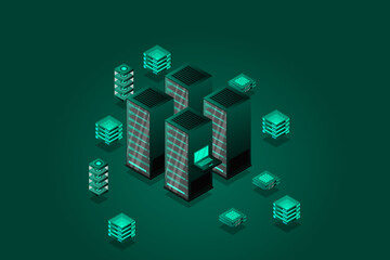 Cloud computing. Online backup secure computer internet hosting access apps networking 3d landing vector page. Isometric data cloud server, access to storage illustration