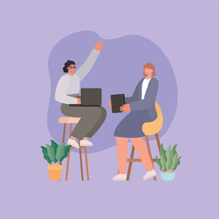 businesswomen cartoons on chairs with laptop tablet and plants vector design