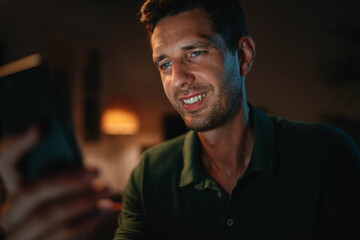 Obraz premium Happy businessman using smartphone device creating financial projections for new startup, Smiling male entrepreneur sitting at home desk looking at cellphone screen writing business plan