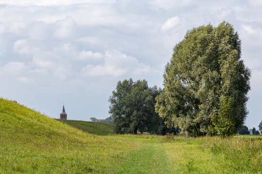 Landscape with view on church tower of Wilness, Gelderland in the Netherlands