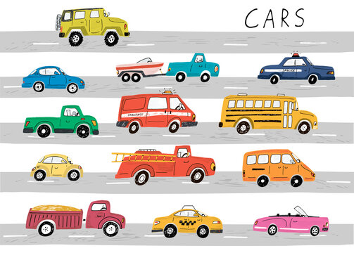 Cars on the city road hand drawn vector doodle illustrations set