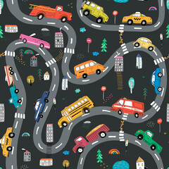 Cars on the city road hand drawn vector doodle illustrations seamless pattern