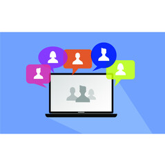 laptop and people icon in colorful bubbles, chat, talk, conversation