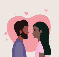 black couple of woman and man in side view in front of heart vector design