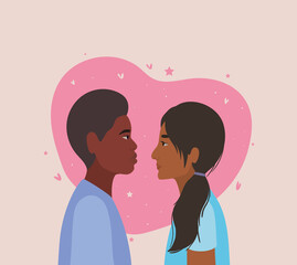 couple of indian woman and black man in side view in front of heart vector design