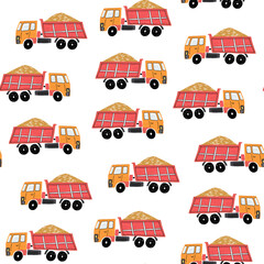 Construction machines truck building hand drawn doodle cartoon vector seamless pattern