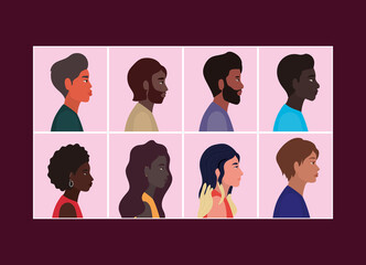 diversity of women and men cartoons in frames vector design