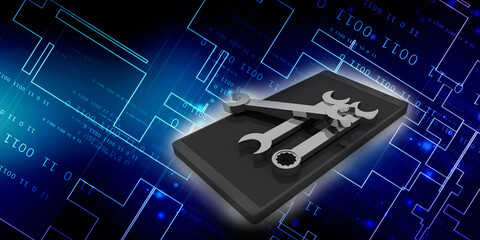 3d rendering mobile phone with  wrench and spanner