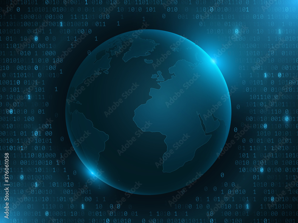 Poster futuristic planet earth with binary code on a dark blue background. world map with blue lights. hi-t