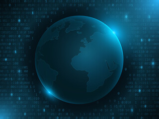 Futuristic planet Earth with binary code on a dark blue background. World map with blue lights. Hi-tech design. 3d globe and world network. Vector illustration.