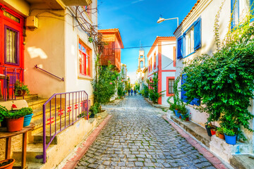 Fototapeta na wymiar Bozcaada streets view. Bozcaada is populer tourist attraction in Aegean Sea.