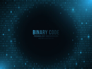 Glowing binary code on a dark blue background. Hi-tech design. World network. Modern technology template. Vector illustration.