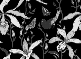 Vector zwart-wit naadloze bloemmotief met orchideeën en vogels.