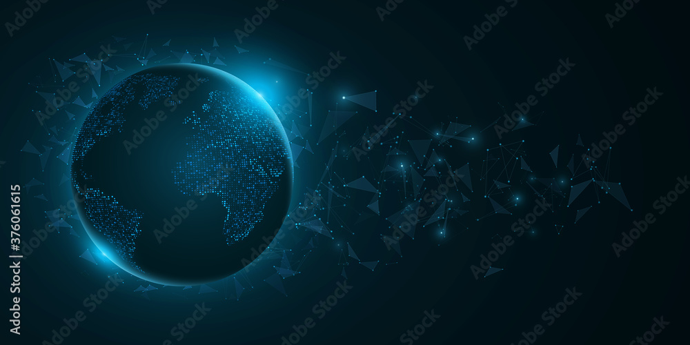 Poster futuristic planet earth with triangle elements on a dark blue background. world map of dots with blu