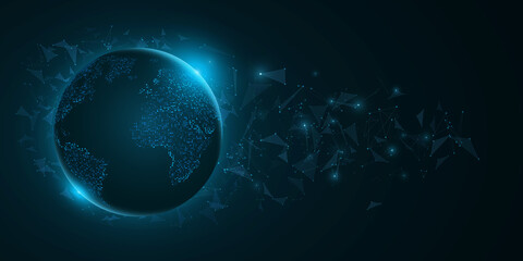 Futuristic planet Earth with triangle elements on a dark blue background. World map of dots with blue lights. Hi-tech design. 3D globe and world network. Vector illustration.