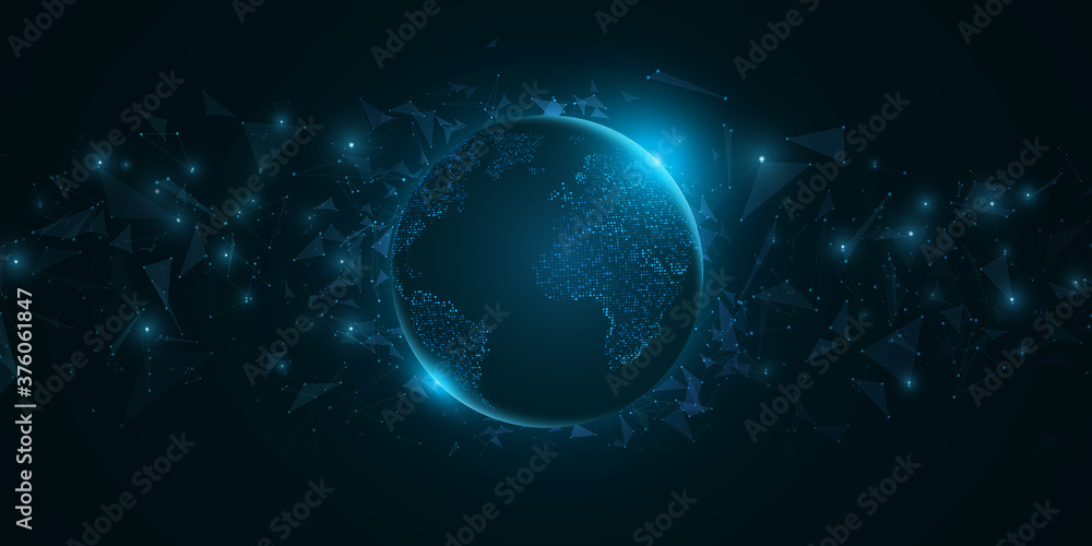 Poster futuristic planet earth with triangle elements on a dark blue background. world map of dots with blu
