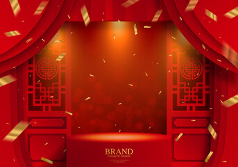 Podium round stage podium and paper art Chinese new year 2021 year of the ox , red paper cut ,flower and asian elements with craft style on background.
