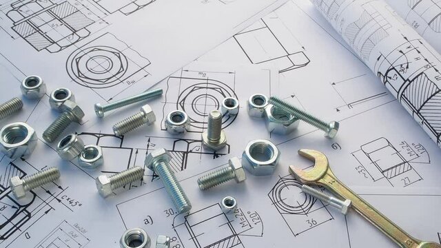Science, mechanics and mechanical engineering. Bolts and nuts on background of engineering drawings.	
