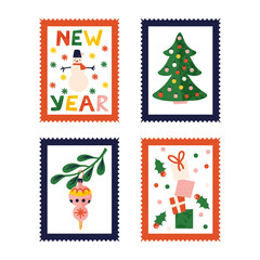 Fototapeta na wymiar Set of postage stamps with a festive theme of winter holidays. Template of red and blue frame stamps on a white background with Christmas elements. EPS 10 vector file