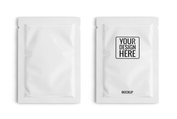 Blank white sachet packet isolated on white. Small pack sachet mockup. 3d rendering - obrazy, fototapety, plakaty