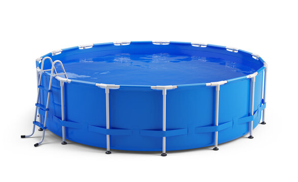 Blue Portable Outdoor Pool. Frame Round Swimming Pool isolated on a white background - 3d rendering.