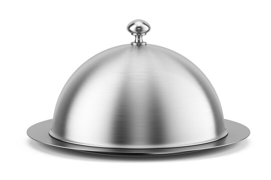 Closed silver steel serving Cloche isolated on a white background. 3d rendering