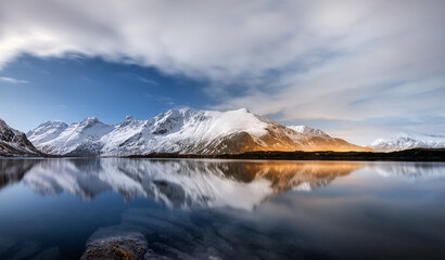 Lofoten islands, Norway. Panoramic landscape. Long exposure photography. Reflection on the water. Winter landscape at the night time. Norway travel - image