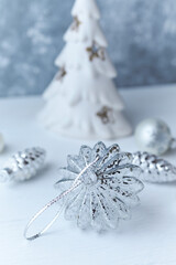 Christmas decoration. Bright wooden background. Close up.	