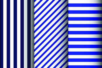 Set of 3 seamless striped patterns in blue and white