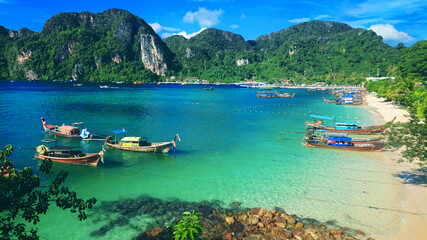 Beautiful view on the mountains and sea in the Phi Phi Don island near Phuket Island in Thailand....